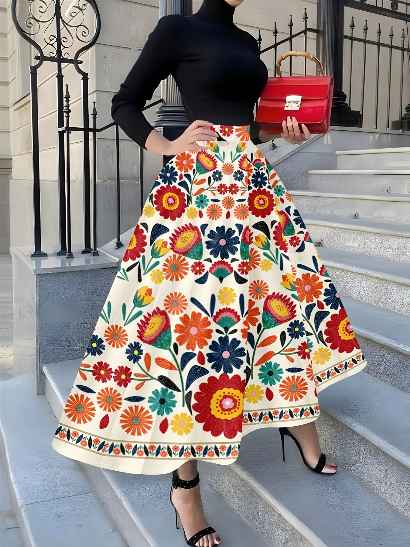Damen Midirock mit Blumenmuster, eleganter A-Linien-Rock im Urlaubsstil, sommerlicher, lässiger, fließender Rock mit hoher Taille für Damen