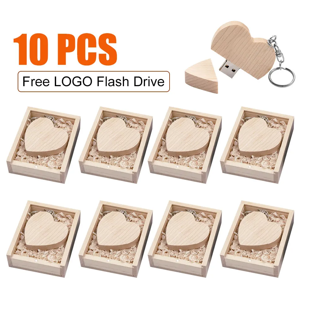 10pcs Free custom Logo maple Wooden Heart USB + BOX USB Flash Drive Pendrive 64GB 32GB 16GB 8GB U Disk Photography Wedding Gifts