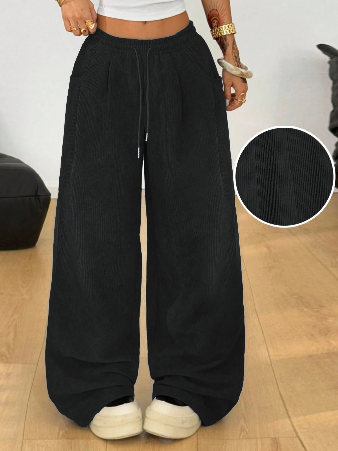 Damen Retro Cord Cargo-Hose Lässige Kordelzug Gerade Sporthose Fließende Alltags-Pendlerhose mit Weitem Bein – Detail 4