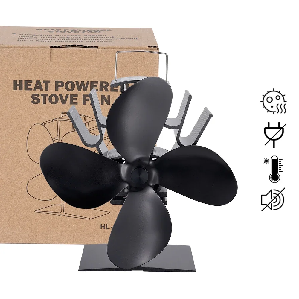 Black Fireplace Fan 4 Blade Heat Powered Stove Fan komin Log Wood Burner Eco Friendly Quiet Fan Home Efficient Heat Distribution