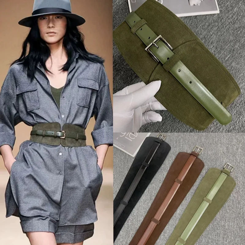 Women Luxury Wide Belt Leather Suede Vintage Fashion High-end Elegant Style with Silver Buckle for Dress Clothing Accessories