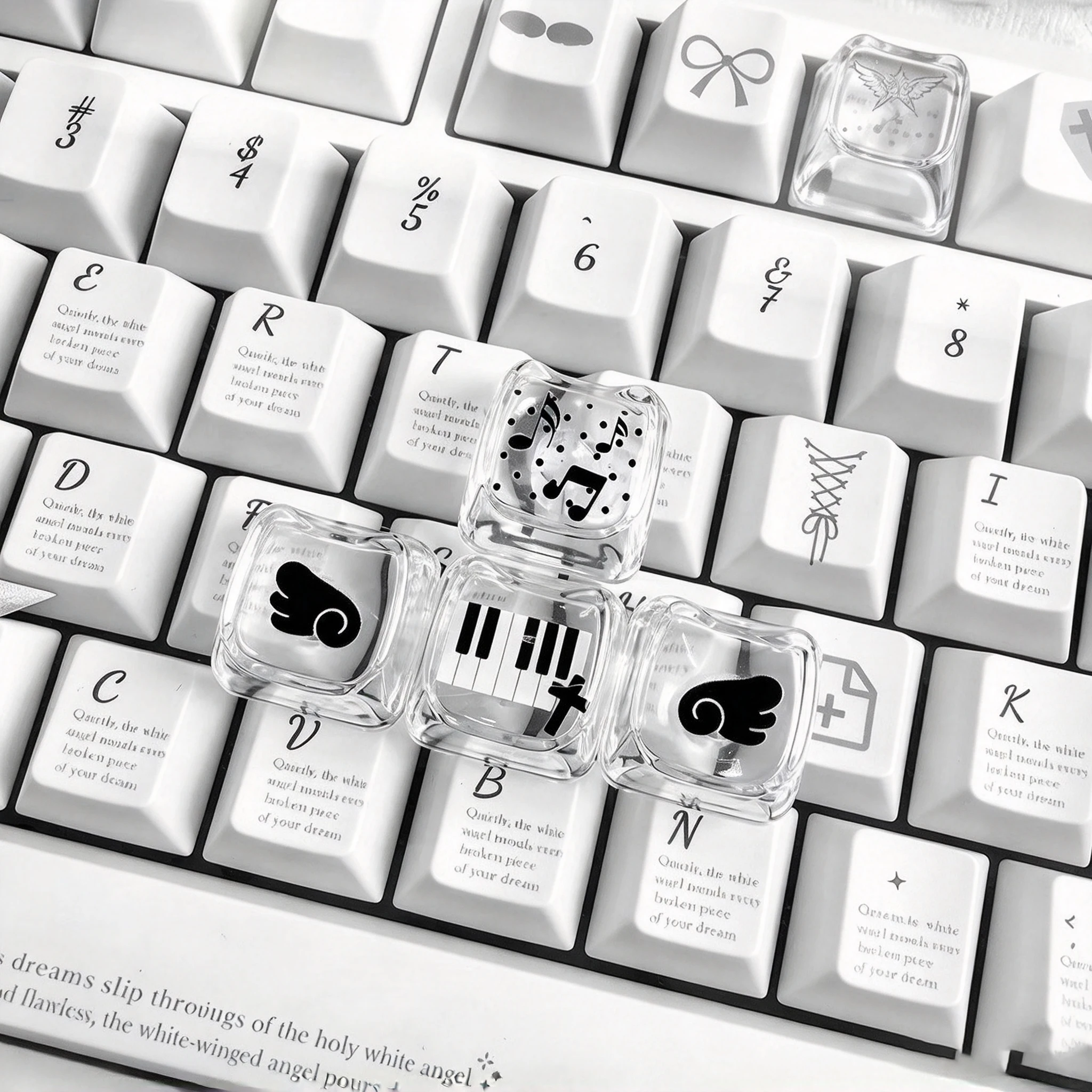 Ins PC Light-through Cat Ears Cat Paw Cute Y2K Music Note Wings Stickers Personalized Keycaps Arrow Keys Magnetic Switches Black