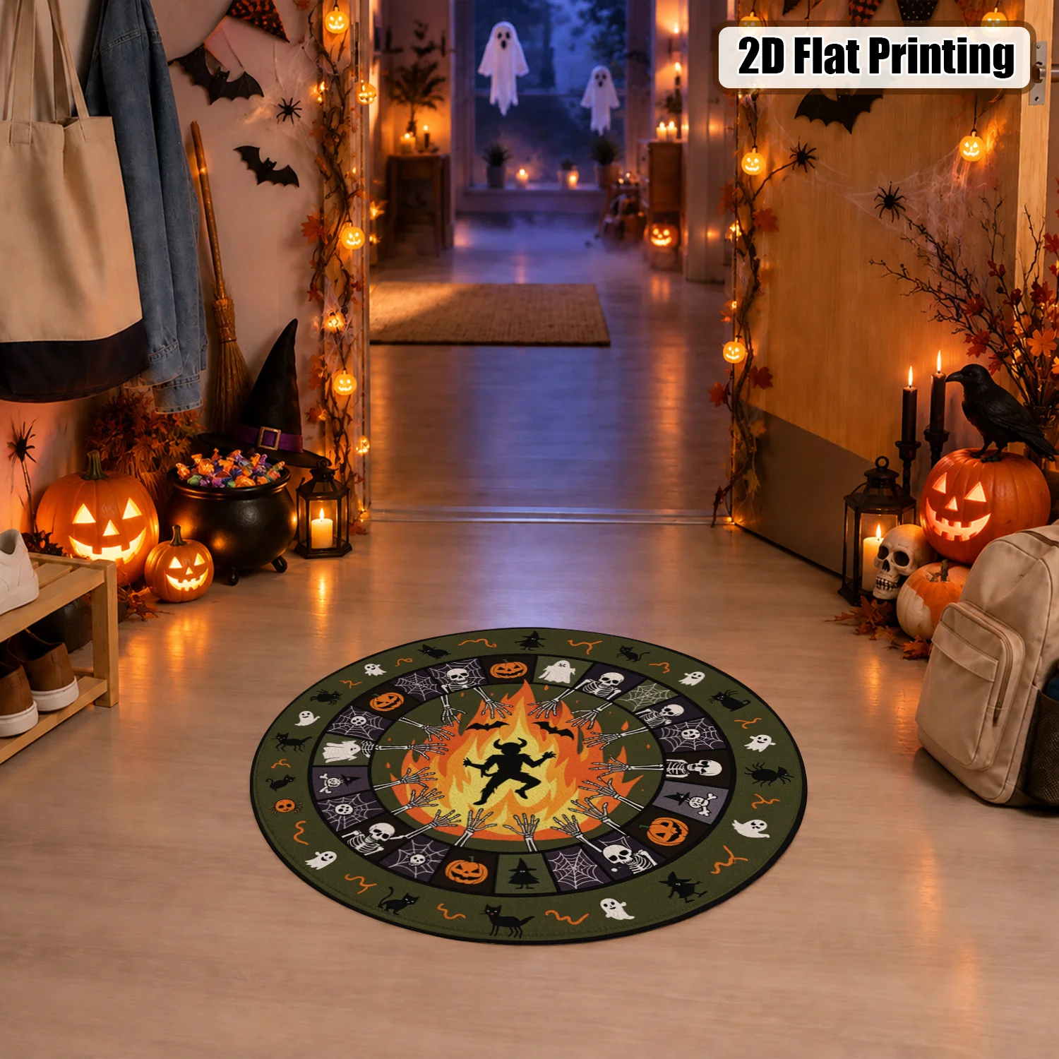 Halloween Themed Spooky Skeleton Pumpkin Ghost Devil Print Round Rug Velvet Machine Washable for Living Room Bedroom Dining Room Entryway Halloween Thanksgiving Black Friday Christmas New Year