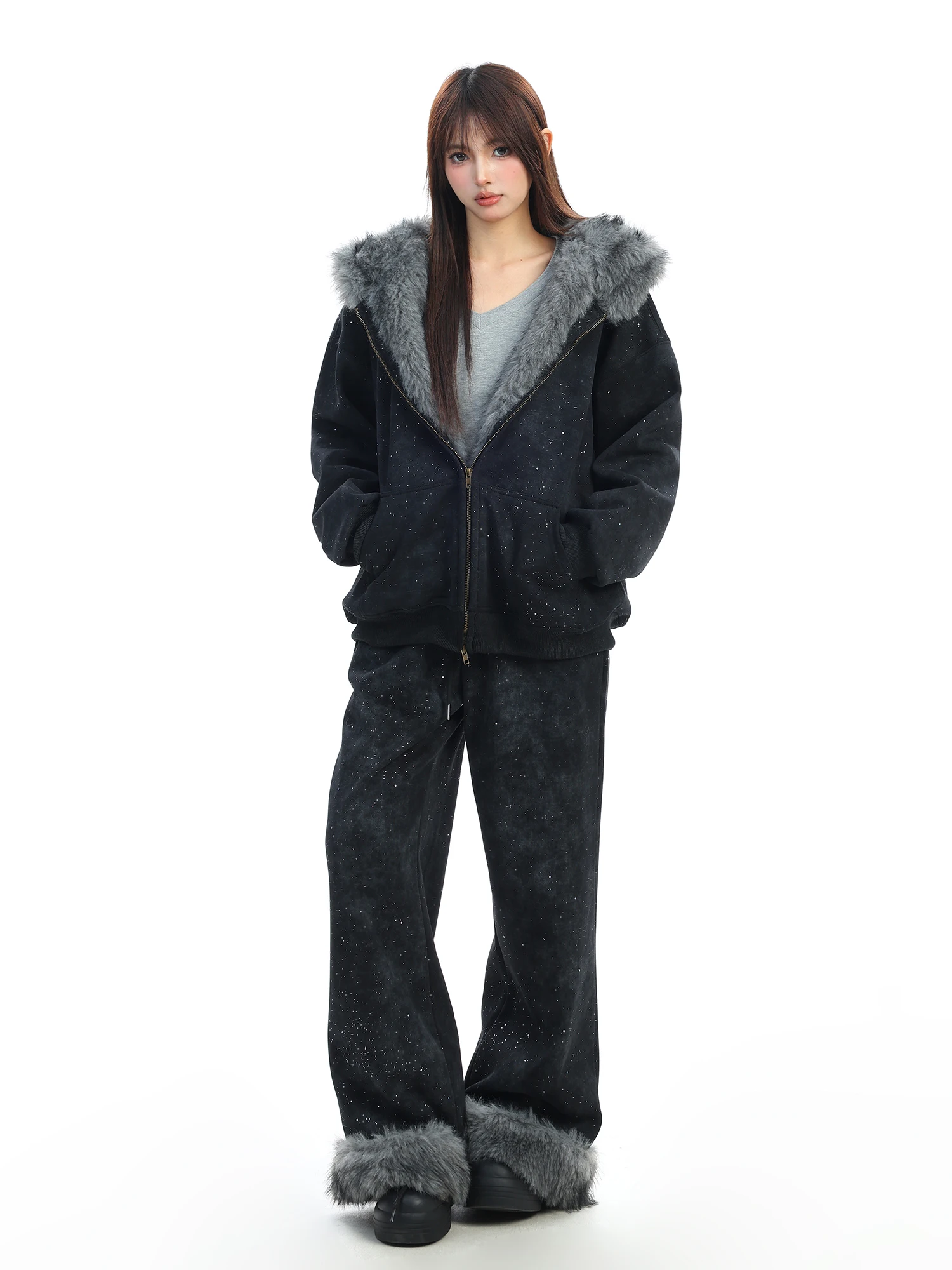 

PTGINKIN Women's Hooded Cotton Jaet Vest Two-Piece Set Rabbit Ear Flap Polyester Filling Bla Winter Warm Casual Streetwear