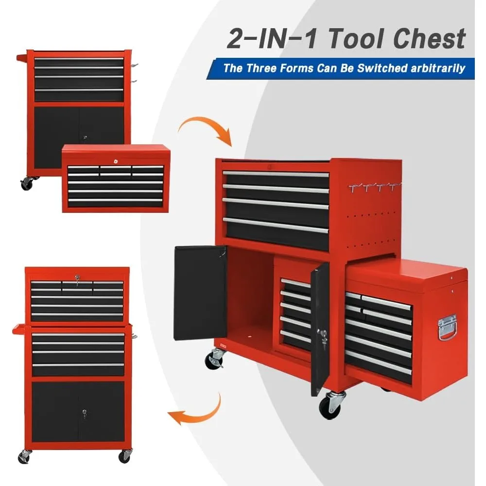 صندوق أدوات ذو 13 درجًا مع باب مزدوج وعجلات، صندوق أدوات كبير قابل للفصل مع أدراج منزلقة، كابينة تخزين صندوق أدوات ميكانيكي
