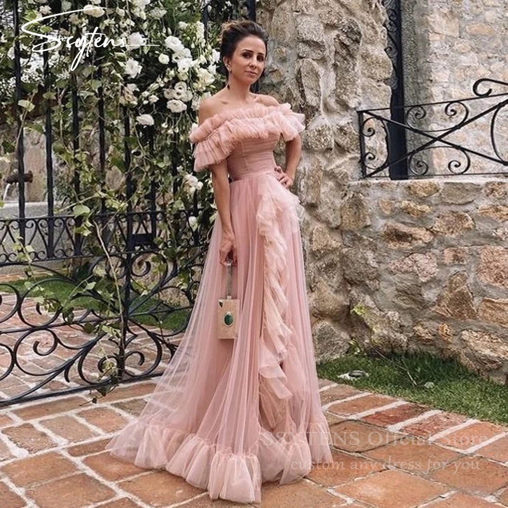 

SSYTENS Elegant Pink Tulle Party Dress Off Shoulder Layered Event Prom Dress Wedding Guest Evening Dress Formal Gown Customized