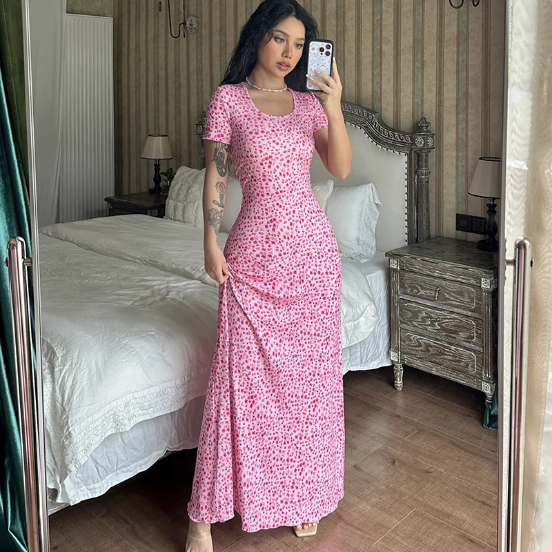 

2024 летнее модное платье с принтом, U-образным вырезом, открытой спиной, коротким рукавом и галстуком