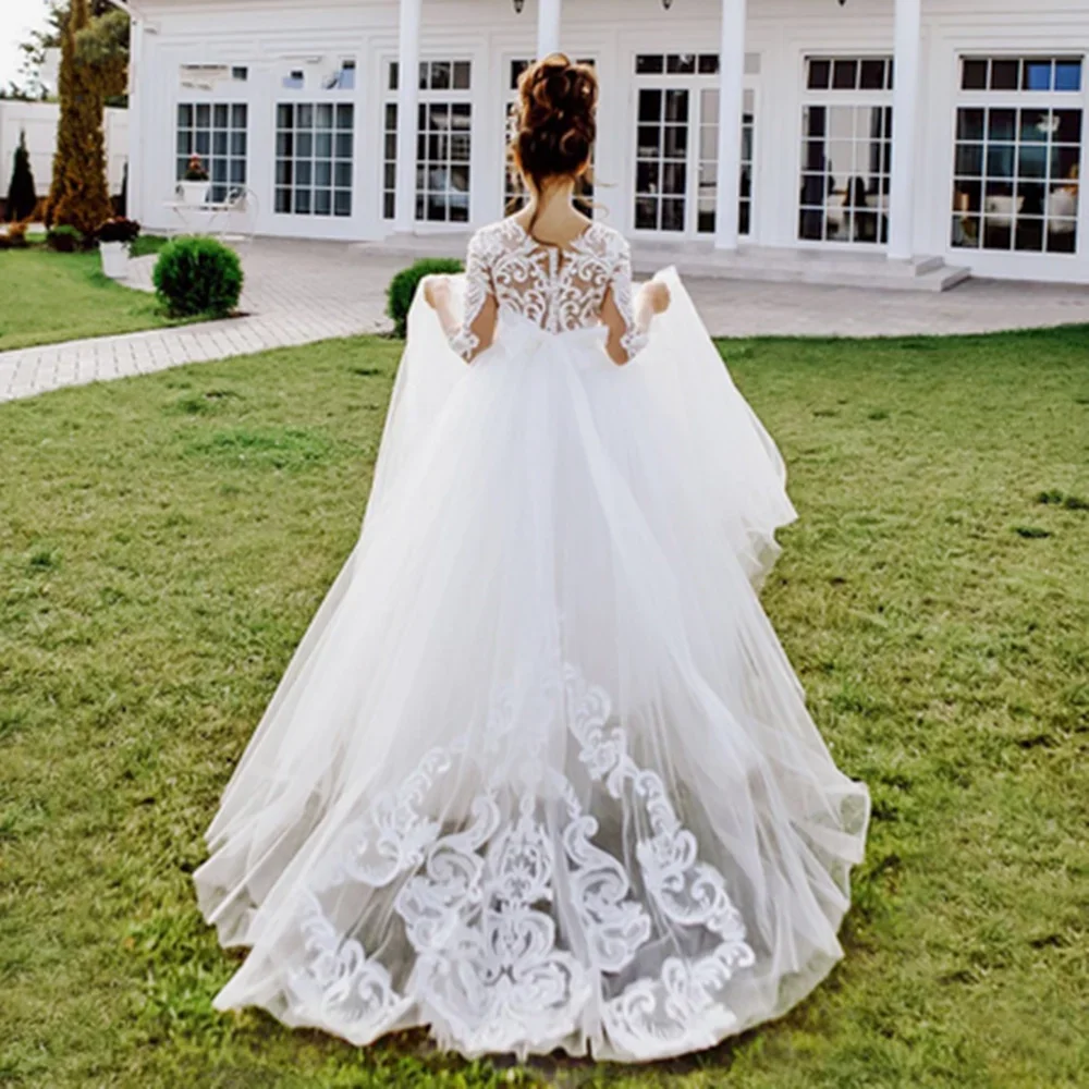 Girls Long Sleeve Lace - Embroidered Tulle Gown with Bow Ideal for Flower Girl Events Birthday Piano Performance Wedding Banquet