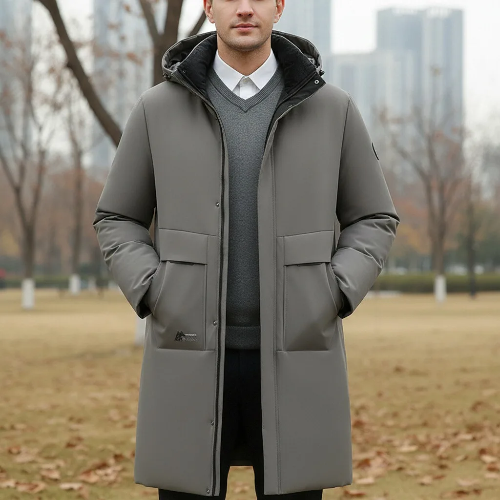 

New Winter Long Length Jacket for Men Luxury Business Thickened Cotton Blend Warmth Parka Coat Men Urban Hooded Padded Outerwear