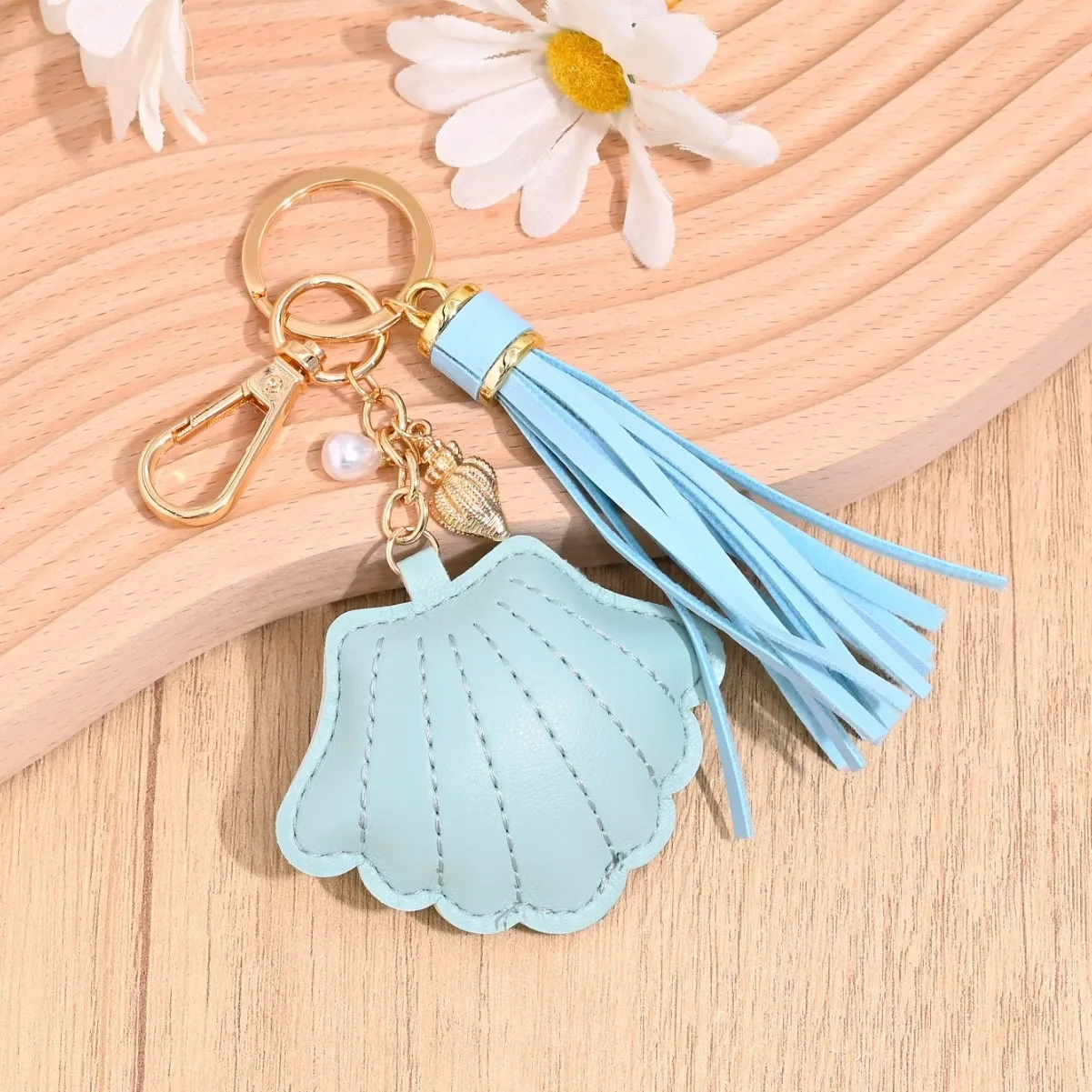 

Blue Shell Tassel Pendants for Bags Handbag Backpack,PU Leather Charm Keychain Bag Accessories