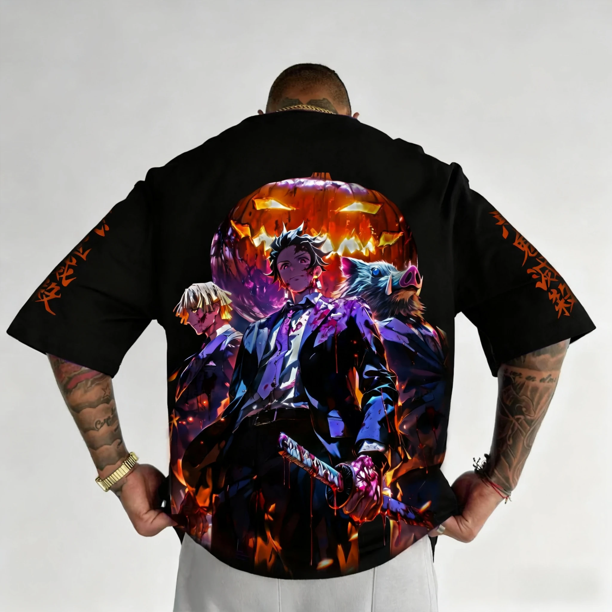 Demon Slayer Halloween Collaboration T-shirt Men's Autumn and Winter New Anime Printed Harajuku Casual Loose Short Sleeved Top