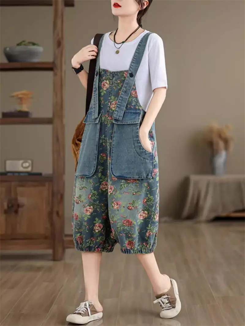 Printed Loose Casual Versatile Strap Jeans 2024 Summer Fashion Korean Temperament Vintage Jumpsuit For Women Denim Playuit K1220