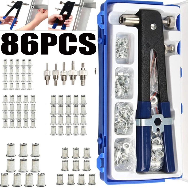 86pcs Blind Rivet Gun Heavy Duty Nut Threaded Insert Hand Riveting Kit M3 M4 M5 M6 M8 Rivet Nuts Nail Gun Household Repair Tools