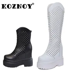 Fujin 12cm naturalna skóra naturalna syntetyczny Chelsea do połowy łydki kolana wysokie botki damskie damskie komin z dziurką modne letnie buty