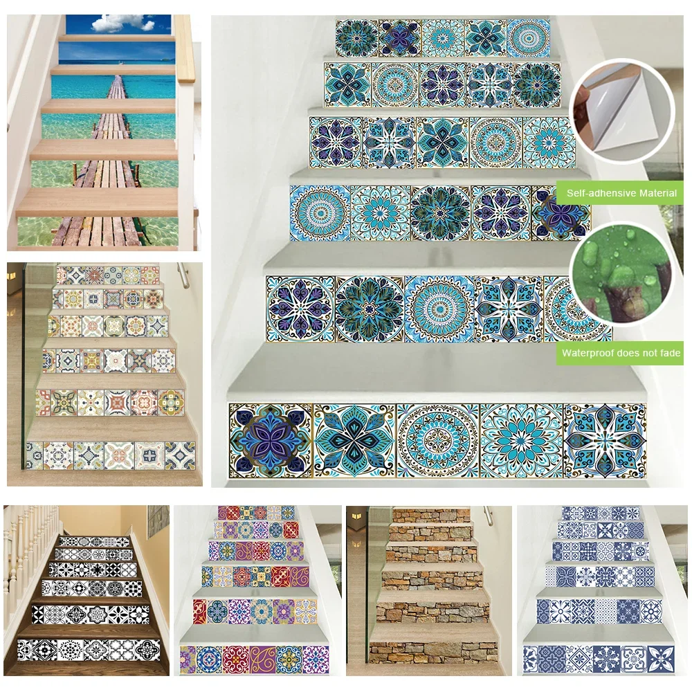 6pcs/set 11 Styles For Choice Stair Wall Stickers Staircase Tiles Home Decor Art Mural Self-adhesive Waterproof Art Wallpaper