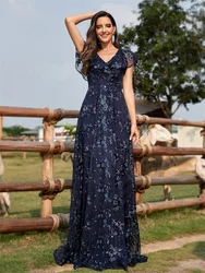 Lucyinlove-vestido de noche largo hasta el suelo para mujer, prenda de lujo con cuello en V, elegante, con lentejuelas, manga corta, para fiesta de graduación y cóctel, 2024