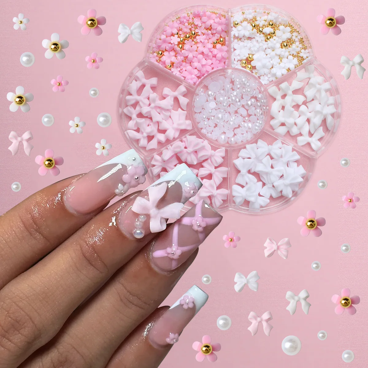 1Box Rosa Weiß Band Bögen 3D Kawaii Nail art Dekoration Blumen Gold Perlen Teile Nagel Charme Nette Zubehör maniküre Versorgung