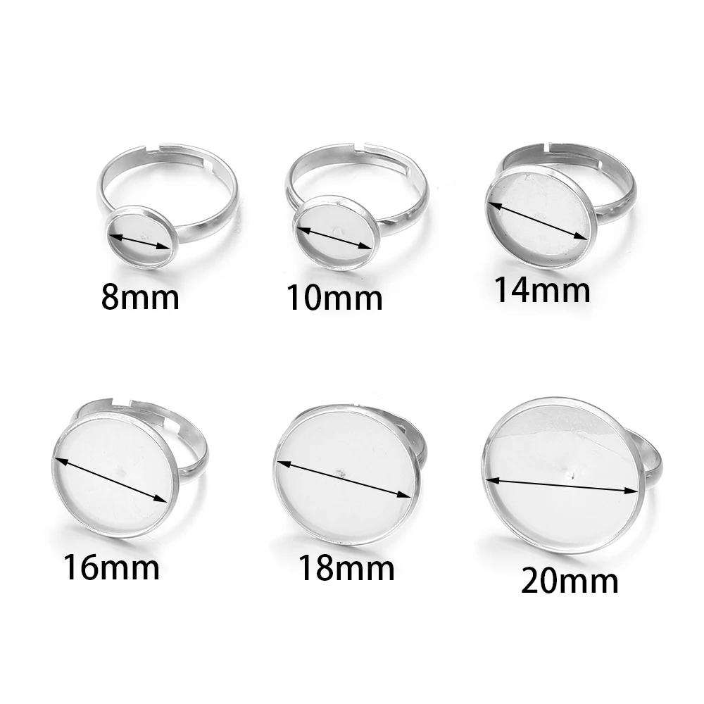 10pcs Adjustable Stainless Steel Ring Holder Fit 8 10 14 16 18 20mm Glass Cabochon Setting Base DIY Ring Jewelry Making Supplies