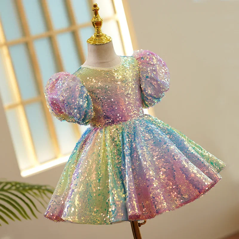 Sequin Ombre Girl Dress Pastel Sparkles Shimmers Puffy Sleeves Sequin Dress Girls Birthday Party Clothes