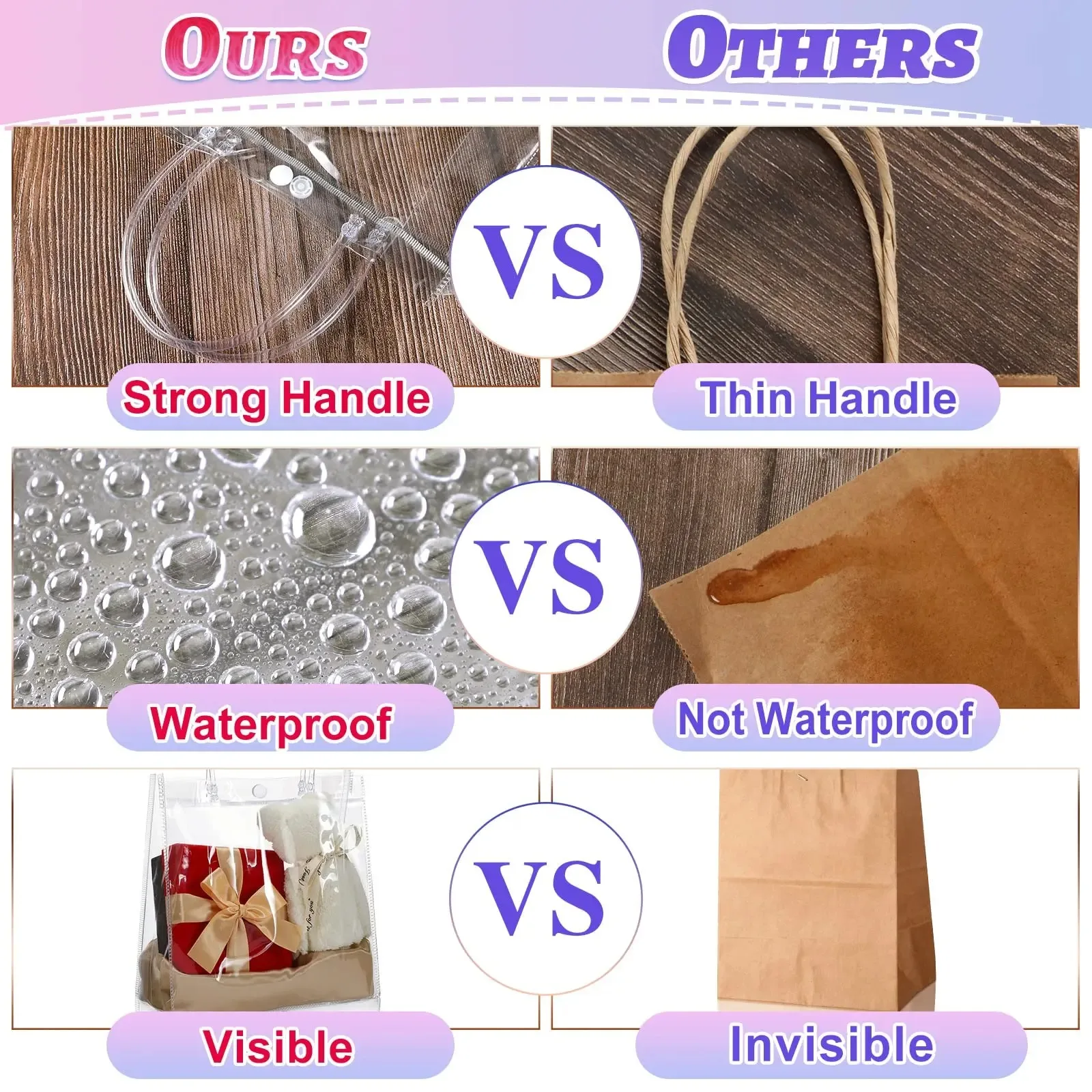 10–100 Stück durchsichtige Geschenktüten aus Kunststoff mit Griff, transparente Geschenktüte, wiederverwendbare Einkaufstasche, PVC-Goodie-Taschen für Hochzeits-Partyzubehör – Detail 11