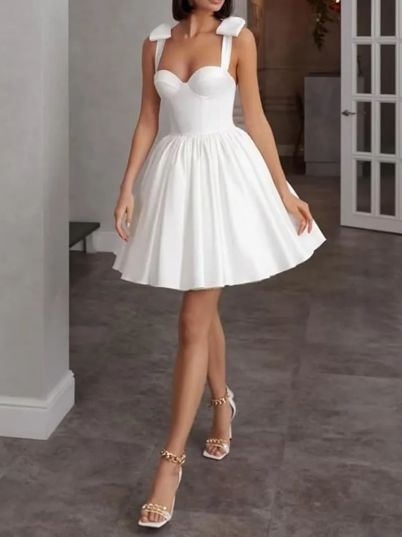 Personalizado elegante cintas de espaguete curto vestidos de baile simples laço até mini vestido de cocktail a linha vestidos de noche com