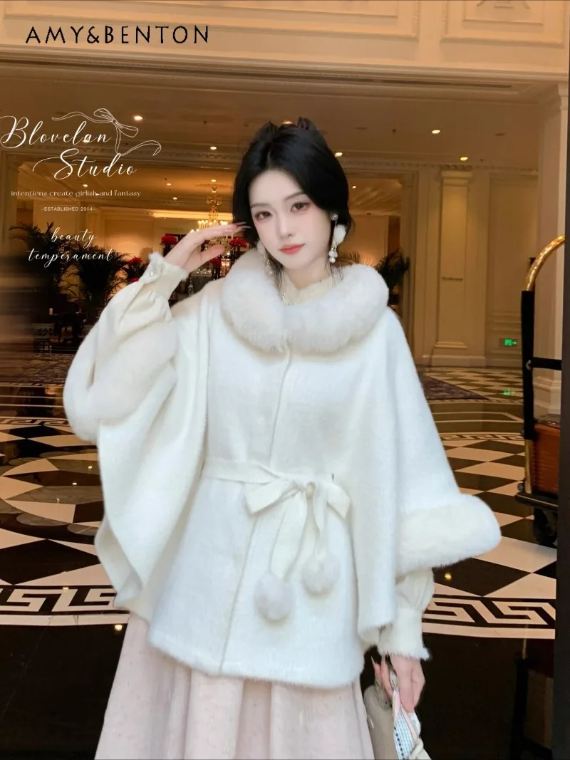 

Temperament Warm Thickened Short Cape Shawl Women Autumn Winter New Elegant Sweet Princess Plush Round Neck Belt Slim Coat Cloak