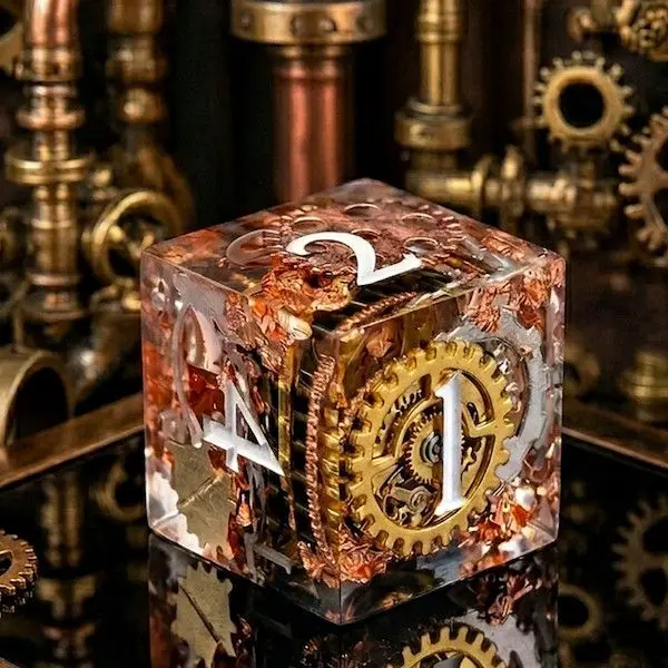Steampunk Gear Resin D6 Dice Transparent Copper Gold Gear Inlaid Polyhedral Dice For Tabletop Role Playing Games Board Games DND