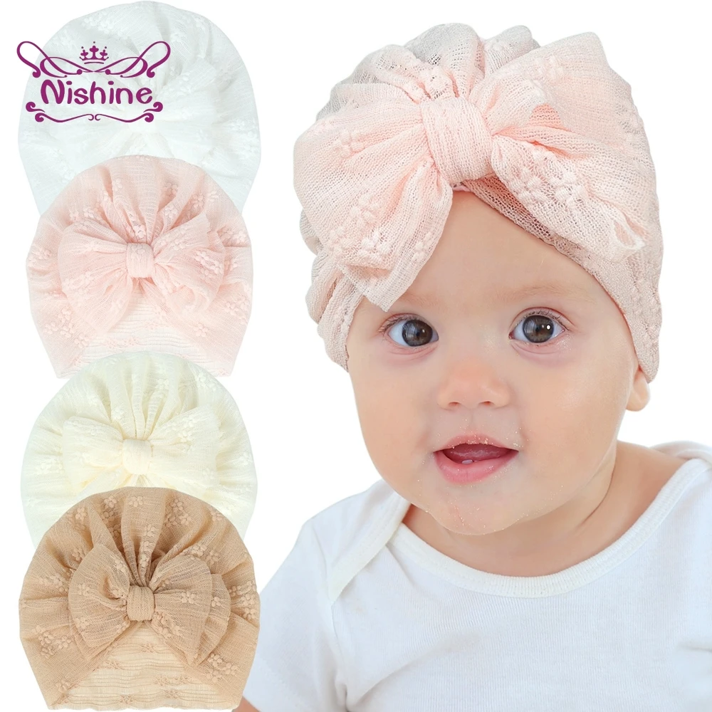 1PCS Baby Girls Soft Lace Hat with Bows Newborn Infant Toddlers Beanies Caps Solid Mesh Children Knotted Turbans Holiday Gifts