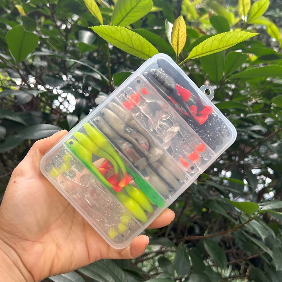 30 unids/caja Drop Shot Easy Shiner Señuelos de Pesca Set Swimbait Wobblers para PikeTail Jig Head Kit de cebo Artificial gusanos blandos carpa