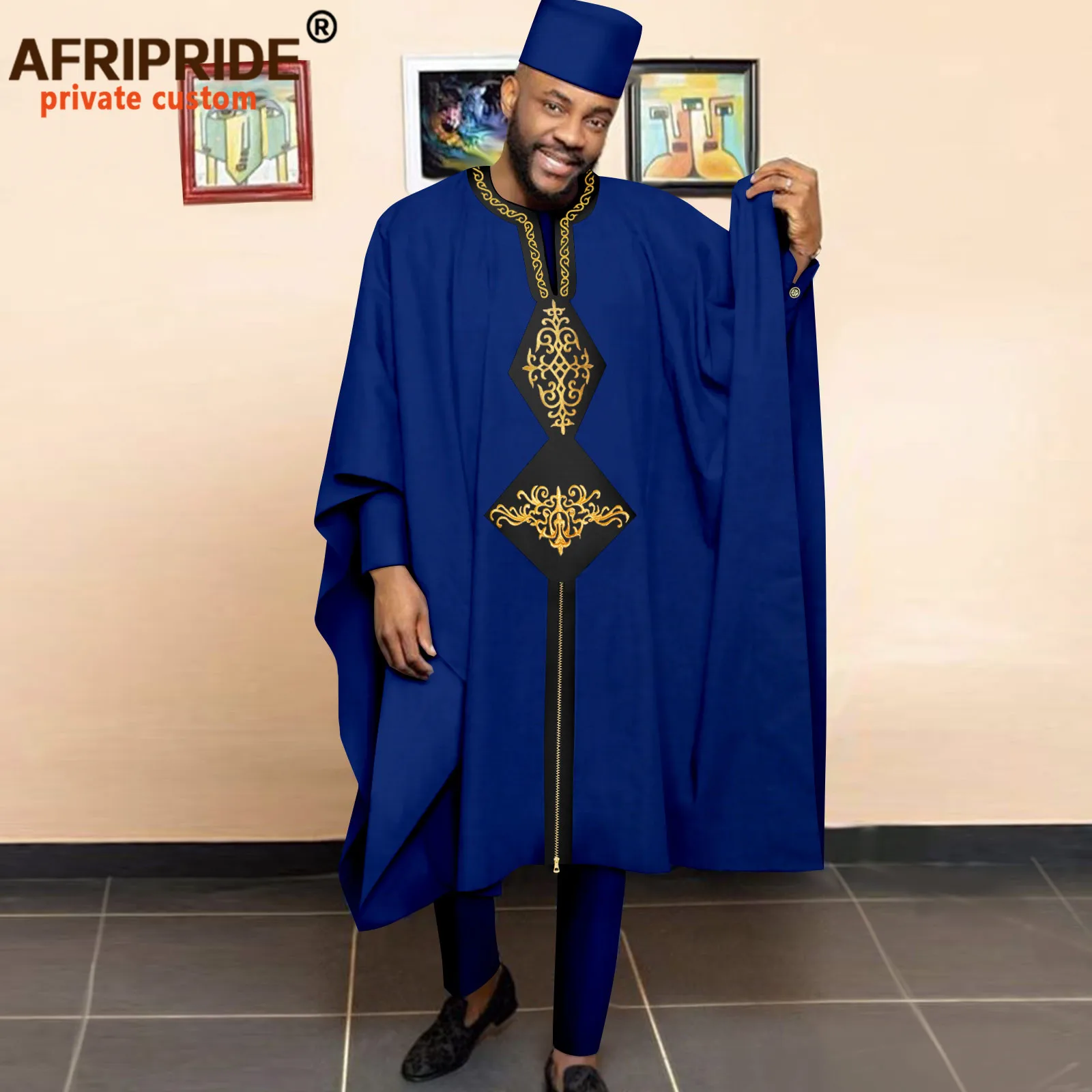 African Clothing for Men Embroidery Agbada Robes Shirts Pants and Hats 4 Piece Set Dashiki Outfits for Wedding Evening A2216053