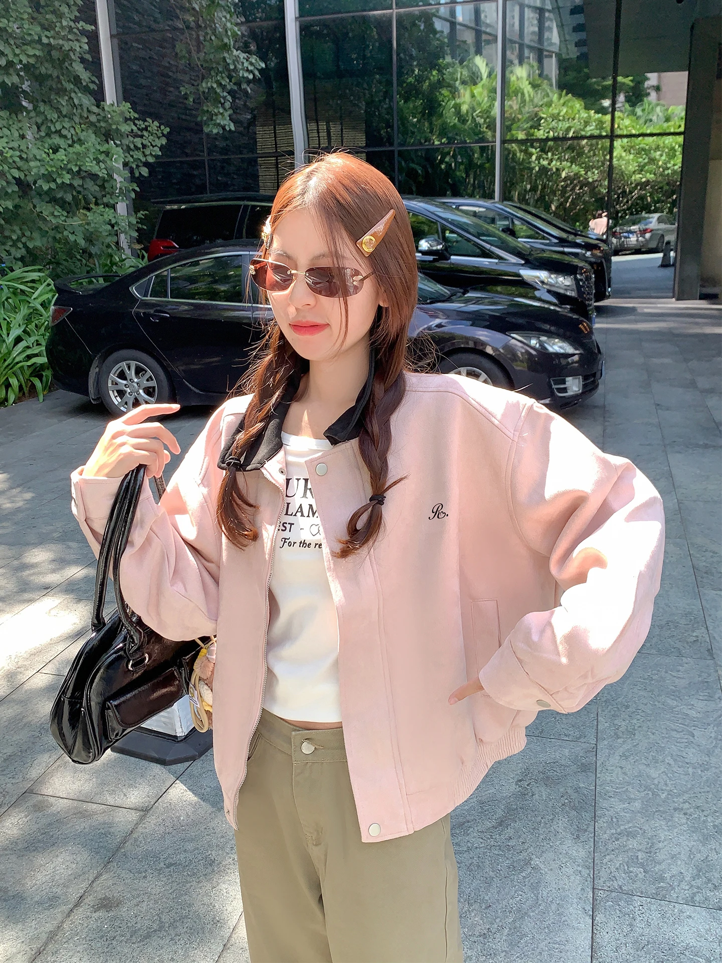 

Женская осенне-зимняя свободная замшевая куртка Zeng Xiao Salt Korean Sle Long Sve с отложным воротником, розового цвета, из полиэстера