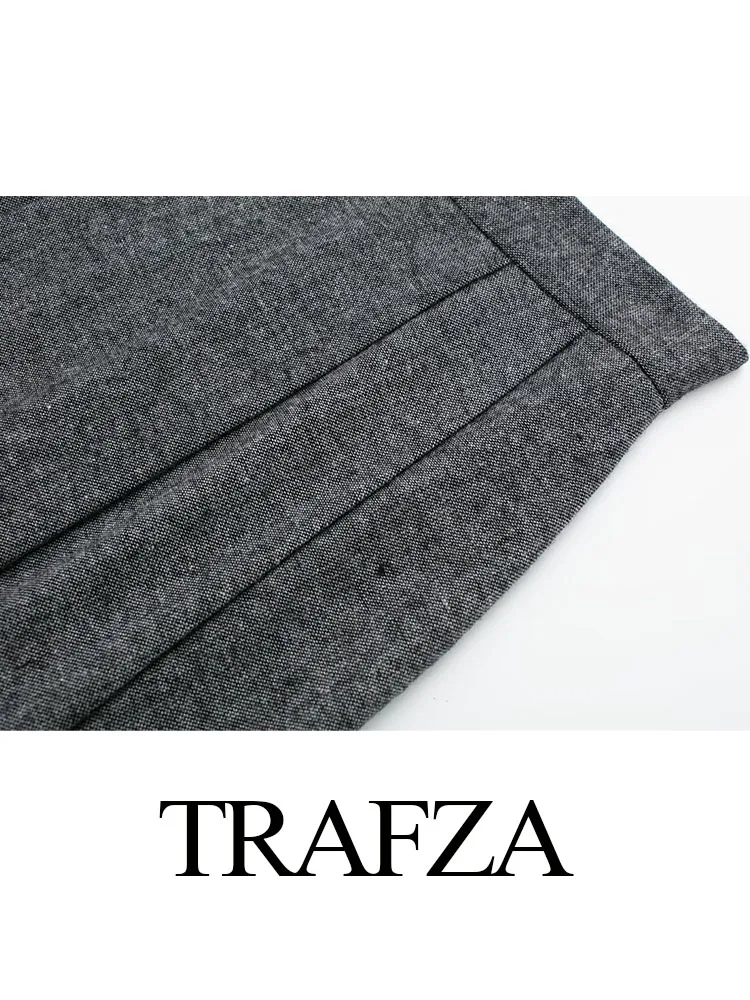 TRAFZA Women Fashion Spring Vintage Grey Pleated Long Skirt Female Chic Zipper High Waist Elegant A Line Skirts Streetwear