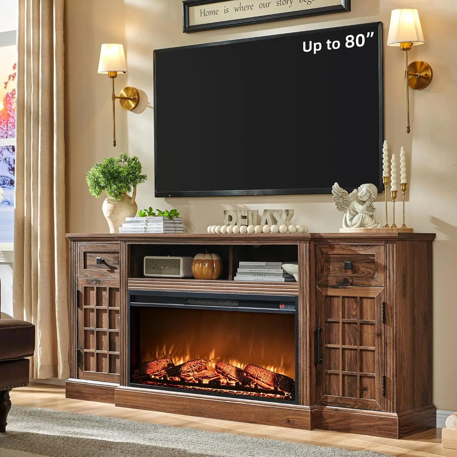 

JXQTLINGMU Fireplace TV Stand for up-to-80 TV, Farmhouse 70" Entertainment Center with 36" Electric Fireplace, Media Console wit