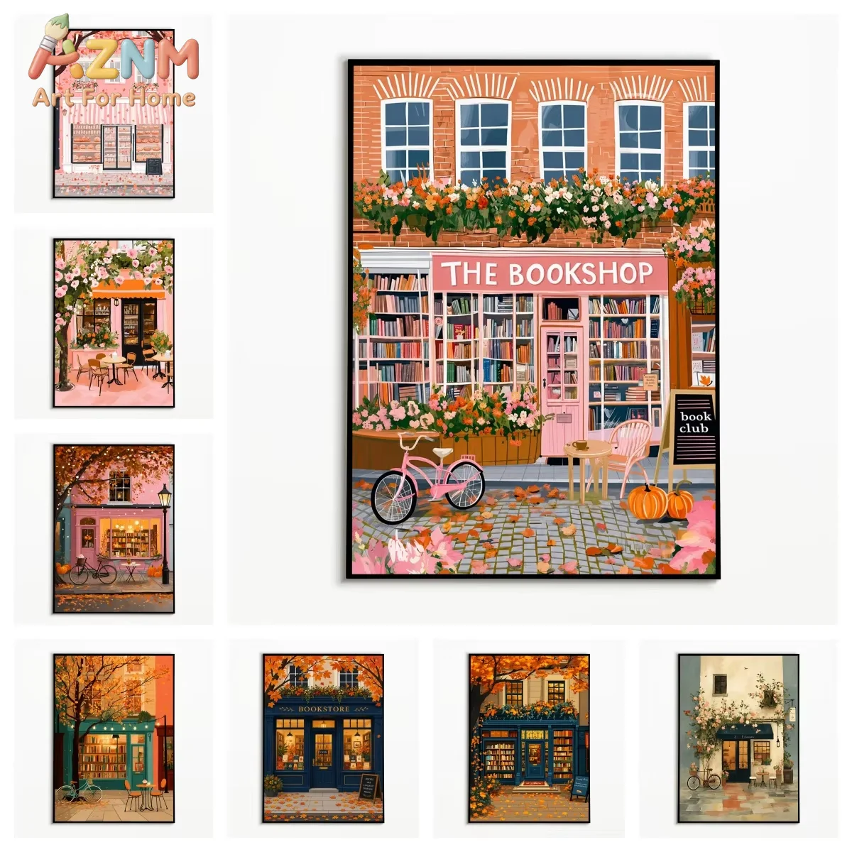 1PC Autumn Street Bookstore Series Posters Fallen Leaves and Floral Wall Art Thanksgiving Decor Canvas Printing