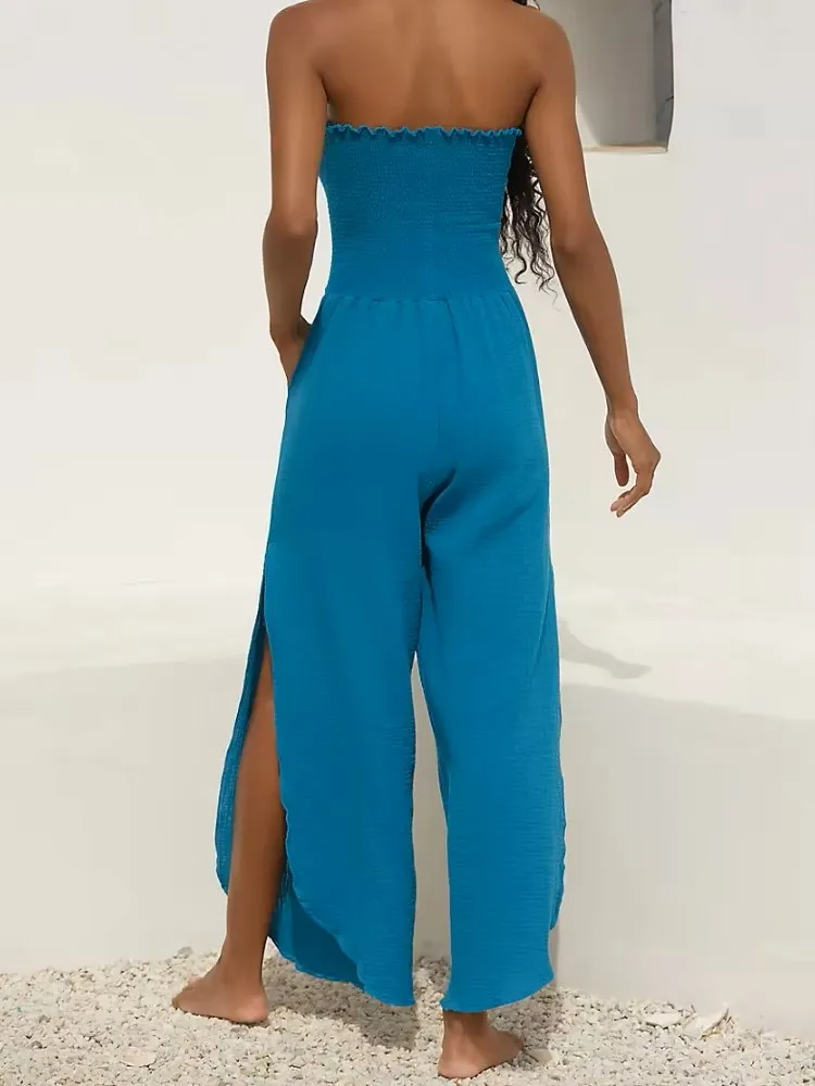 Elegant Blue Smocked Wide-Leg Jumpsuit with Side Slit. S1be9012cdb234a6ab47549d993016311N