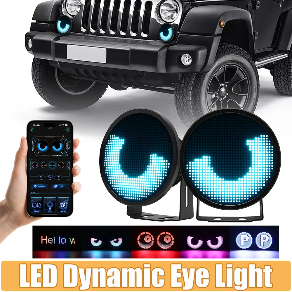 

2 шт. автомобильные динамические противотуманные фары с управлением через приложение, светодиодный экран, мигающие, с возможностью создания собственных узоров, RGB-подсветка, мультимедийный проектор, лампа ДХО, питание 12В-24В