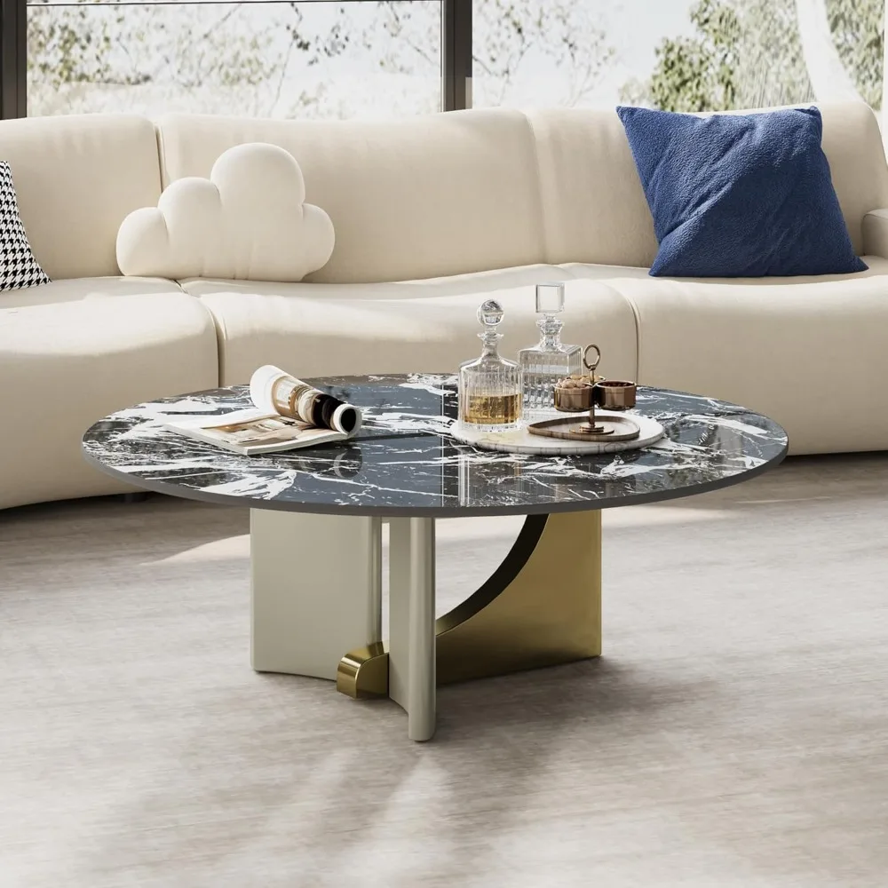 

35.4" Round Coffee Table for Living Room - Black & White Stone Top with Sturdy Metal Base Modern Industrial Style Easy Assembly