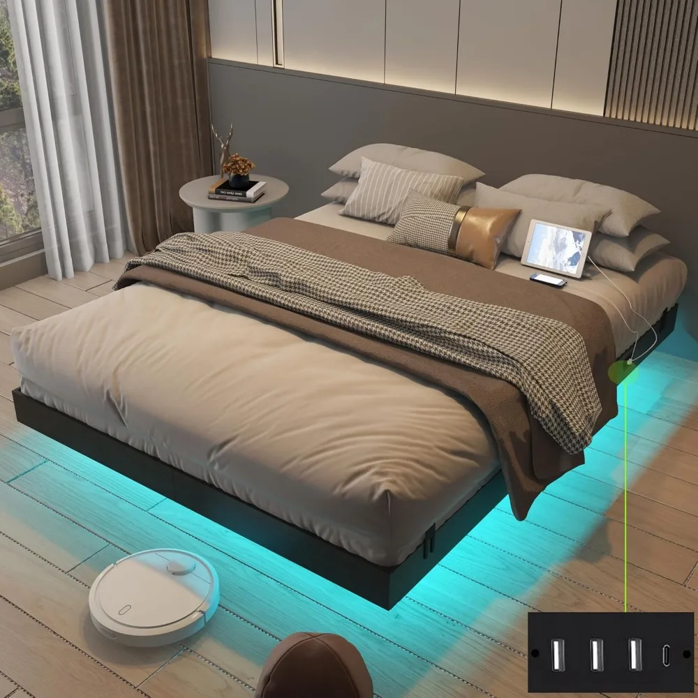 Marco de cama flotante tamaño King con luces LED y estación de carga, marco de cama con plataforma de metal PU negro, fácil montaje, sin caja Spri