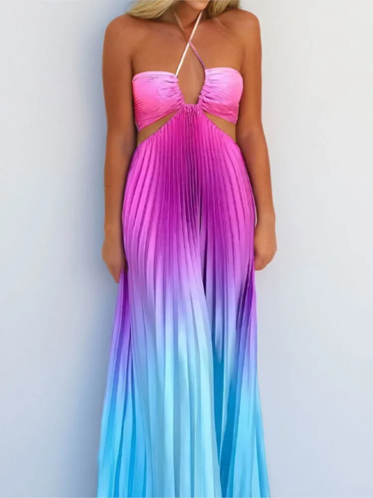 Gradient Colored Long Dress Summer Collection Pleated Hollow Out Beach Pleated Dress Sexy Waist Baring Neck Hanging Dress Women