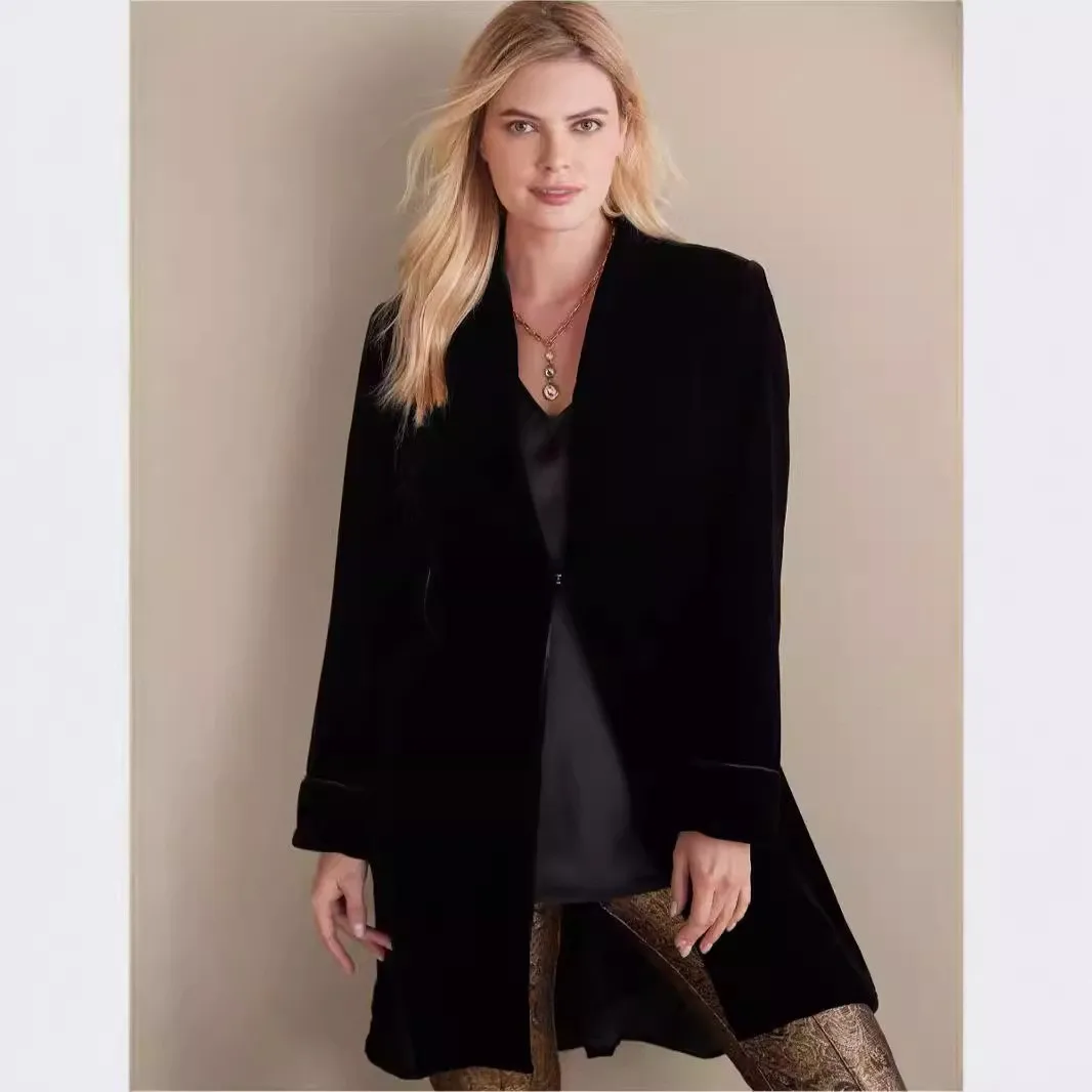 Long Sleeve Pocket Coat Mid Length Streetwear with Loose Fit Regular Sleeve Medium Weight Notched Lapel Casual Women Autumn Coat