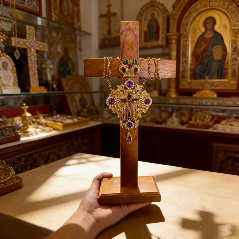 Exquisite Purple Jewel Inlaid Gold Orthodox Priest Cross Necklace Large Pectoral Crucifix For Christian Devotion And Faith Gift