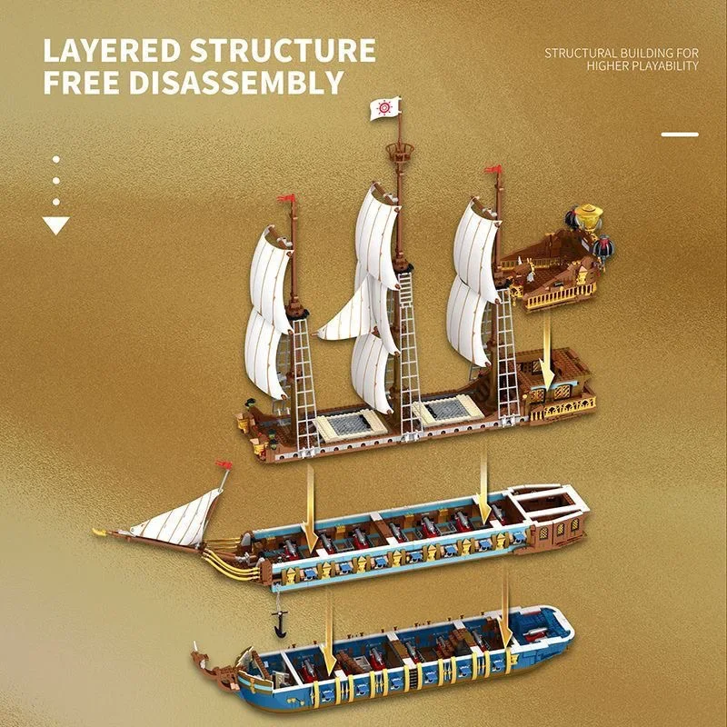 Reobrix 66011 The Royal Fleet The Sun Pirate Ship Model MOC Brick Small Particle Assembly Toys Building Blocks Gift For Boys - view 5