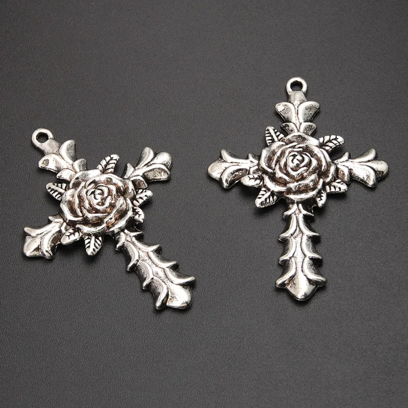 4pcs Silver Color 56x40mm Gothic Rose Flower Cross Charms Religious Pendant For DIY Handmade Metal Jewelry Making Accessories