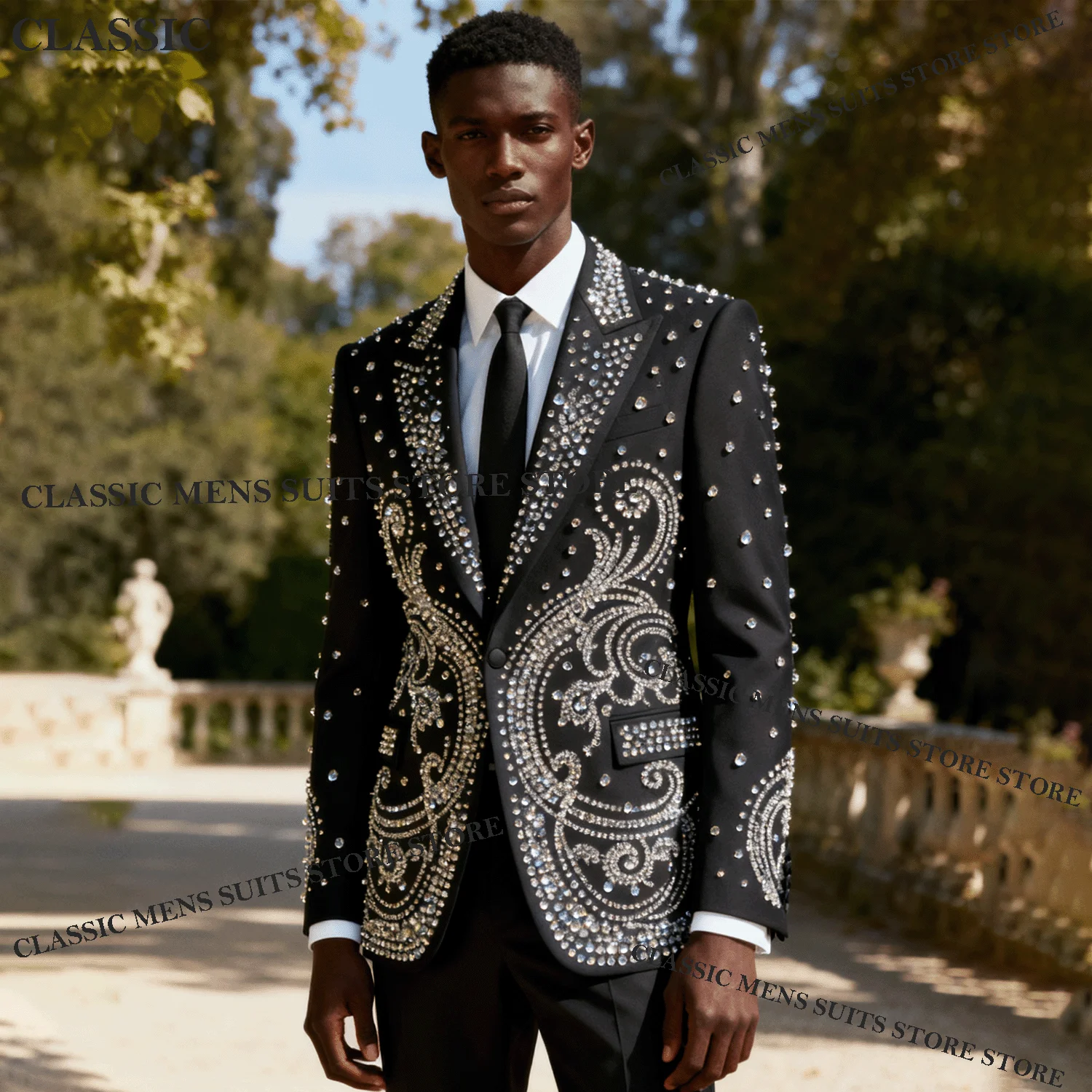 

Tuxedos CustomizedMen Suits Sparkling Diamond Decoration Luxury Peaked Lapel Groom 2 Pieces Set Wedding Male Prom Blazers suits