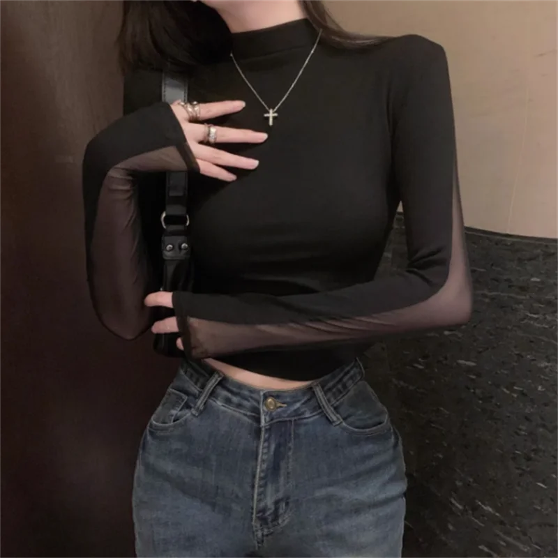 

Sexy Backless Tshirt Women Short T-shirt Hot Girl Top Hollow Out Mesh See Through Blous Lace Bottom Tops Half-high Neck Tees