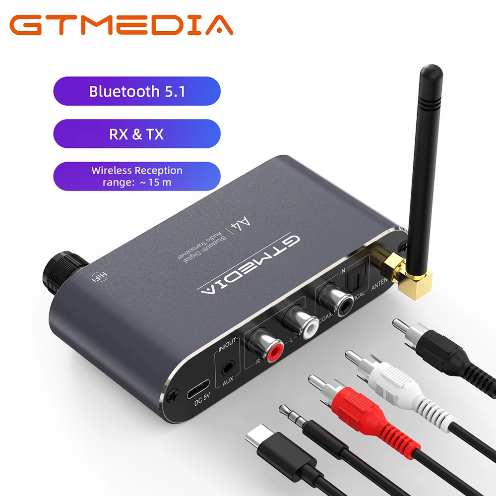 

GTMEDIA A4 Bluetooth Receiver 5.1 Bluetooth Transmitter 4 in 1 Bluetooth Adapter TF USB RX: A2DP/AVRC,TX: A2DP SBC AAC