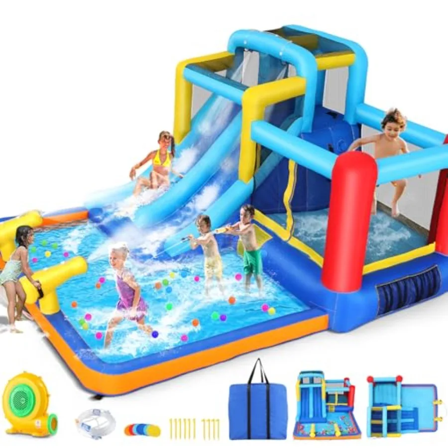 

Надувной аквапарк 12x10 футов с 2 водными горками, батутом, скалодромом и 2 водными пушками для активного отдыха на улице