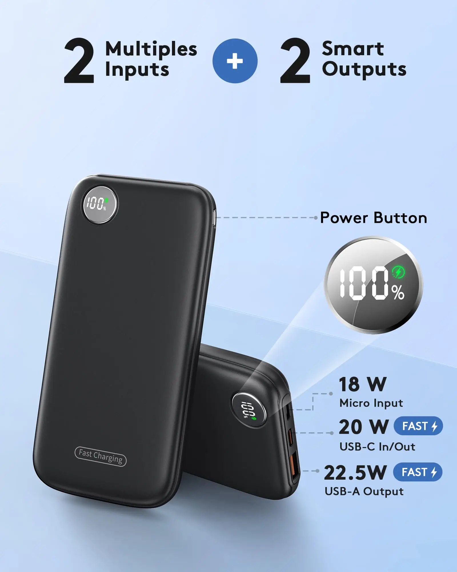 Cargador portátil ultradelgado de 10000 mAh con carga rápida (máx. 12 V/4,5 A), entrada/salida USB-C, banco de energía de viaje liviano.