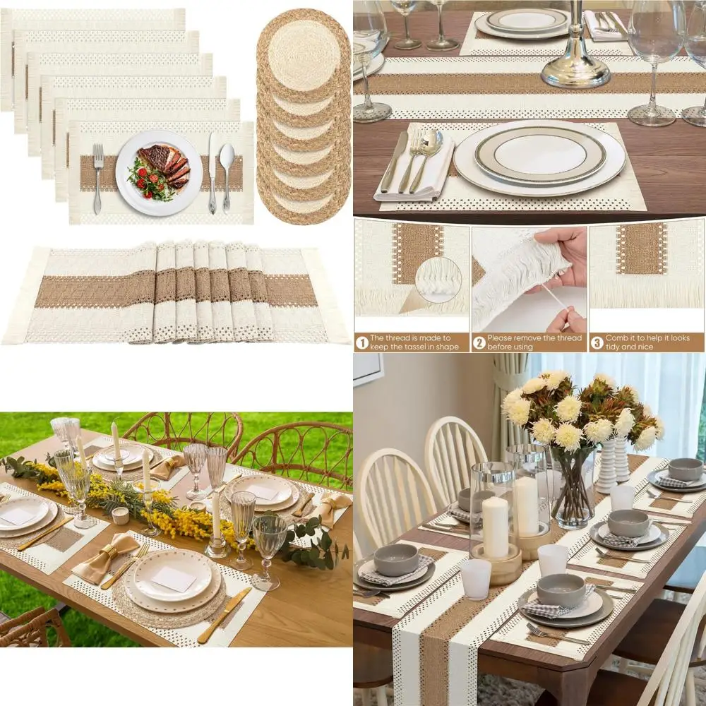 

13 Pcs Handmade Boho Table Runner and placemats, Natural Cotton Burlap and Rattan Wicker Braided Placemats Set of 6, Macrame Ta