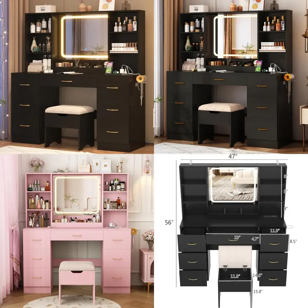47 inch large makeup vanity desk with 7 drawers, cushioned stool, outlet, 6 shelves, and 3 lighting modes for adjustable brightn